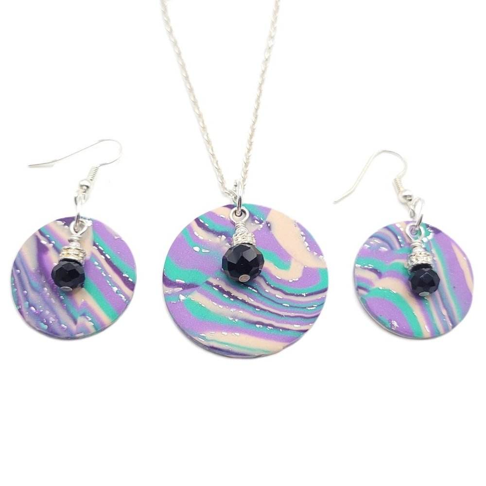 Necklace and Earrings Set - Purple, Teal and Silver - Unique Polymer Clay